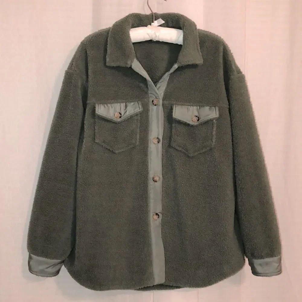 Staccato L Moth Green Sherpa Teddy Button Front Collared Jacket Shacket